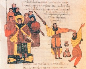 Nabuchodonosor ordonne de tuer les fils du rebelle Sédécias, fol.289v., de la Bible wisigothique-mozarabe de Saint Isidore, 960 après J.-C.