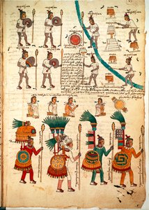 Page du Codex Mendoza montrant des guerriers aztèques armés de lances et de boucliers, c.1541-42 - Spanish School