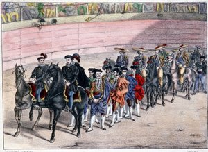 Sortie de la quadrille, corrida en Espagne, lithographie sd. 19e siècle
