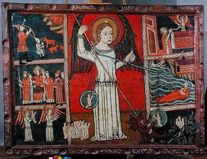 Saint Michel terrassant le diable représenté comme un dragon et pesant les âmes dans une paire de balances