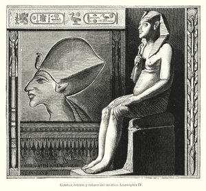 Statue assise et relief du pharaon égyptien ancien Akhenaton (Amenhotep IV) (lithographie) - Spanish School