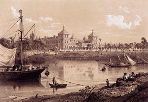 Séville, Palais de San Telmo sur la rive du fleuve Guadalquivir. Andalousie, Espagne (19ème siècle). Madrid, Bibliothèque nationale.