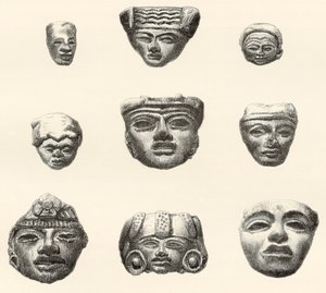 Têtes et masques en pierre trouvés à Teotihuacan, Mexique par Désiré Charnay lors de son expédition en 1880-1883