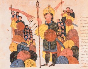 La Défaite de Goliath, de la Bible wisigothique-mozarabe de Saint Isidore, fol.118v., A.D. 960