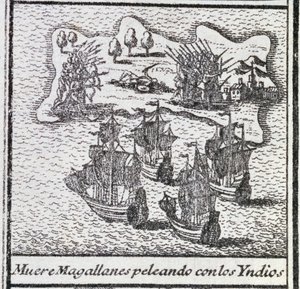 La mort de Magellan dans une bataille avec les Indiens - Spanish School