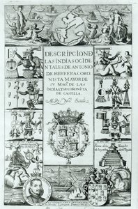 Page de titre de Descripcion de las Indias Ocidentales par Antonio de Herrera y Tordesillas, édition de Madrid, 1725 - Spanish School