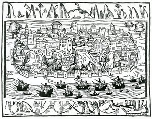 Vue de Lisbonne du Libro de Grandezas y cosas Memoralder de Espana par Pedro Medina, 1548