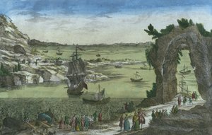Vue du débarquement français pour établir la nouvelle colonie dans le port de Nouvelle-Cayenne, Guyane française, 1762