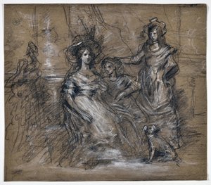 Étude de trois femmes et un chien