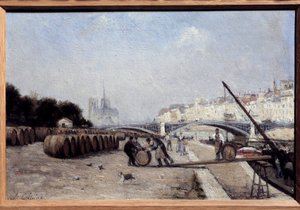 La Seine au pont de Sully, le port aux vins, le quai Saint Bernard. Peinture par Stanislas Lépine (1835-1892). 1882-1885. Dim. 0,15 x 0,23. Collection privée