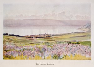 Aquarelle de Stanley Inchbold, représentant la mer de Galilée en Palestine 1906