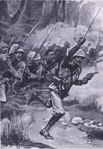 Charge britannique contre les Ashantis à Amoaful, 31 janvier 1874, illustration de British Battles on Land and Sea, 1915