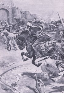 Les 16e lanciers et les cavaliers de Skinner repoussant les Jats à Bharatpur, décembre 1825 (illustration de British Battles on Land and Sea)