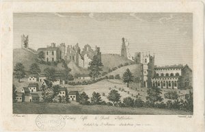 Château et église de Tutbury - Vue sud-est : gravure, nd [1762-1792] - Stebbing Shaw