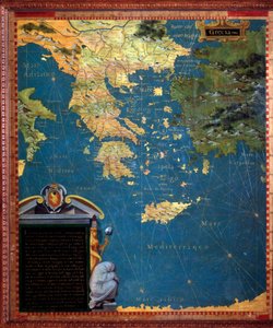 Carte de la Grèce réalisée par Stefano Bonsignori (? -1589) cosmographe et peintre italien. Vers 1581. Florence, Palazzo Vecchio, Sala del Mappamondo