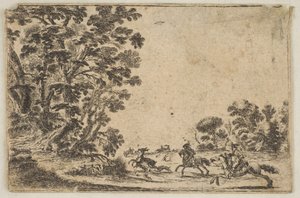 Planche 4 : une chasse au cerf, deux cavaliers galopant vers la droite derrière trois chiens, après 1642