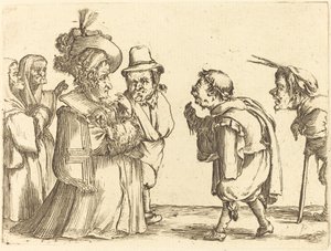 Une dame saluée par un nain