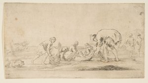 Un pêcheur ramenant ses filets, un homme à gauche poussant une balle à droite, deux assis..., vers 1662