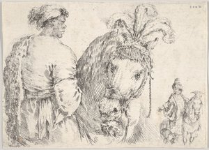Un homme à gauche de profil donnant une poignée de foin à un cheval au centre, un cavalier à t..., vers 1662 - Stefano della Bella