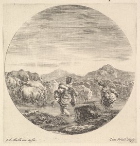 Une femme portant un enfant au centre, vue de dos, une autre femme à droite, faisant face, vers 1643-48 - Stefano della Bella