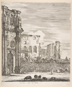 Arc de Constantin et Colisée avec moutons paissant au premier plan, de Six grandes vues..., 1656 - Stefano della Bella