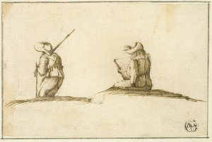 Artiste en train de dessiner et soldat, tous deux vus de dos - Stefano della Bella