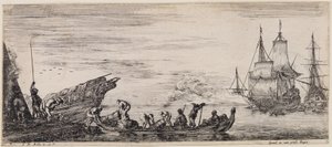 Chargement de divers navires : à gauche, quai de chargement avec poste de garde et ouvriers portuaires déchargeant un bateau - Stefano della Bella