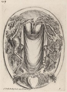 Cartouche en forme de drapé suspendu à un cyprès flanqué de squelettes - Stefano della Bella
