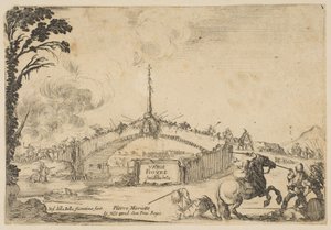 Combat sur un pont, un cavalier et deux fantassins se battent avec des épées en bas à droite, vers 1645