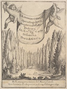 Frontispice pour La Forêt de Cyprès La selva di cipressi: deux putti tiennent une tapisserie, 1640
