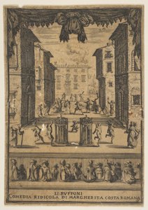 Frontispice pour la comédie Les Bouffons Li Buffoni, un décor sur scène ressemblant à un p..., vers 1639