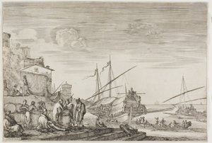 Vues du port de Livourne : Maisons surplombant un port - Stefano della Bella