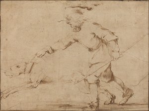 Chasseur avec un chien en laisse - Stefano della Bella