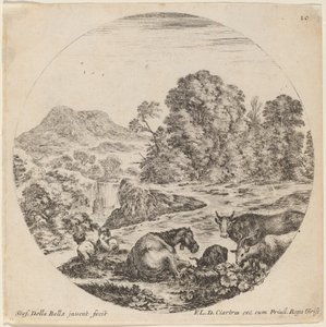 Paysage avec des animaux et deux bergers assis - Stefano della Bella