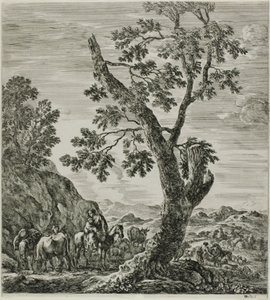 Paysanne montée avec un enfant dans ses bras, planche six de Les six grandes vues de Rome et de la Campagne - Stefano della Bella