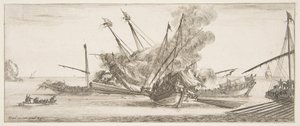 Combat naval, un navire au centre, vu de derrière, tirant sur quatre navires ennemis, un autre..., vers 1641 - Stefano della Bella