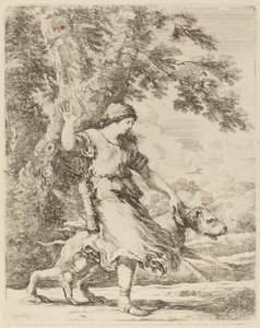 Nymphe tenant un grand chien par un collier