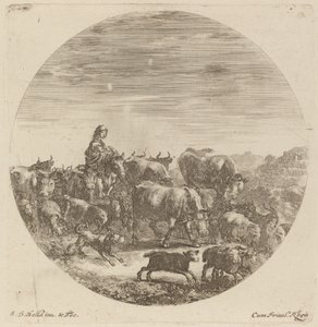 Paysanne assise sur un cheval avec des vaches, des moutons et des chèvres - Stefano della Bella