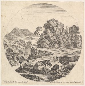 Planche 10 : un cheval couché au centre, une vache et deux chèvres à droite, deux assis..., vers 1643-48