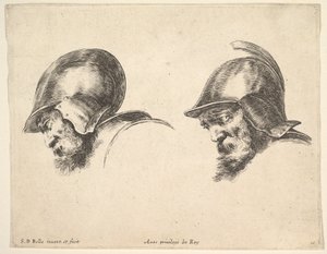 Planche 10 : deux têtes de vieux soldats portant des casques, tous deux regardant vers le bas - Stefano della Bella