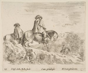 Planche 10: deux cavaliers descendant une montagne à gauche, un autre cavalier à droite dans..., vers 1644-47 - Stefano della Bella