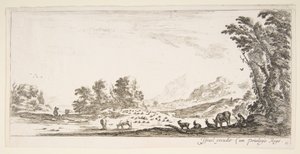 Planche 11 : bergère assise à droite sous un arbre, regardant son troupeau à gauche, vers 1641 - Stefano della Bella