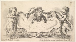 Cartouche avec un centre en marbre, un enfant de chaque côté tenant une guirlande - Stefano della Bella