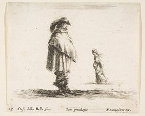 Planche 17 : un homme portant un chapeau à plumes au centre face à droite, une femme marchant vers..., vers 1644-47