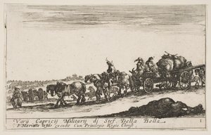 Planche 1 : Une charrette tirée par des chevaux transportant des personnes et des biens, cheval mort au premier plan - Stefano della Bella