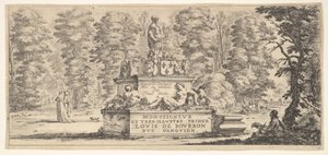 Planche 1 : un monument avec des statues et un blason au centre, un dessinateur sur le..., vers 1641 - Stefano della Bella