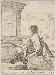 Planche 1 : un jeune homme assis sur une pierre, de profil gauche, tenant un carnet de croquis..., 1650 - Stefano della Bella