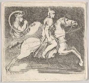 Soldat de profil galopant vers la droite tenant une lance dans sa main droite, vers 1646