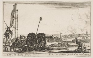 Planche 2 : Un canon à gauche, une ville en arrière-plan, de Divers Caprices Militaires