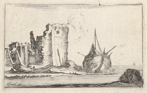 Navire à droite et barque à gauche échoués sur le rivage, tour en ruines (détail) - Stefano della Bella
